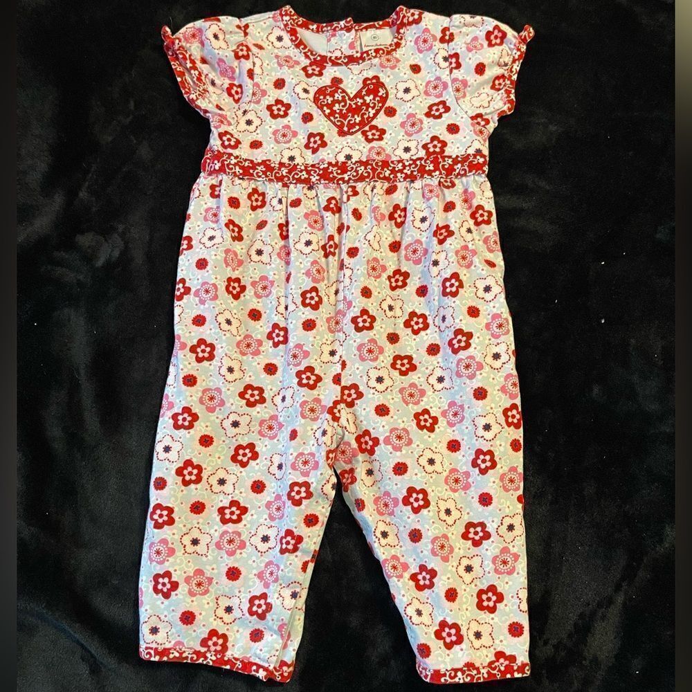 Hanna Andersson one piece blue w/ red & pink flowers, short sleeve 18-24 months‎